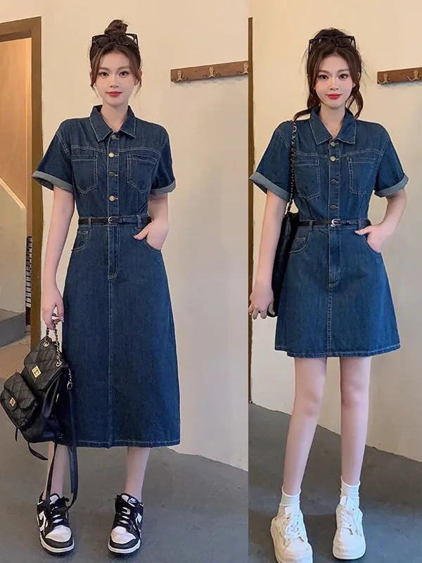 plus Size Women's Summer Slimming Denim Dress Loose Tummy Covering Long Skirt Korean Style A-Line Dress Short Sleeve Dress