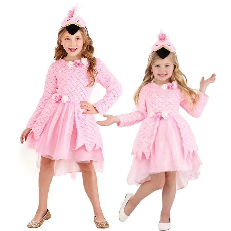 Girls Flamingo Costume Dress with Headband Pink Feather - textured Party Outfit