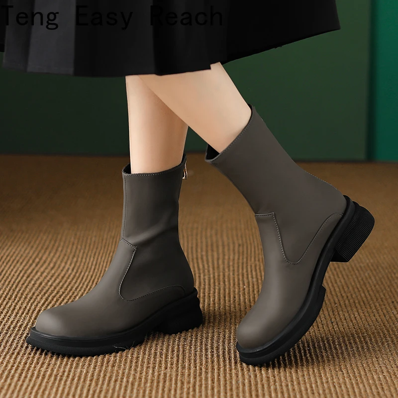 2022 New Winter Style with Fleece Medium Chunky Heel Knight Boots Women's Platform Boots High Heel Shorty Long Boots retro green