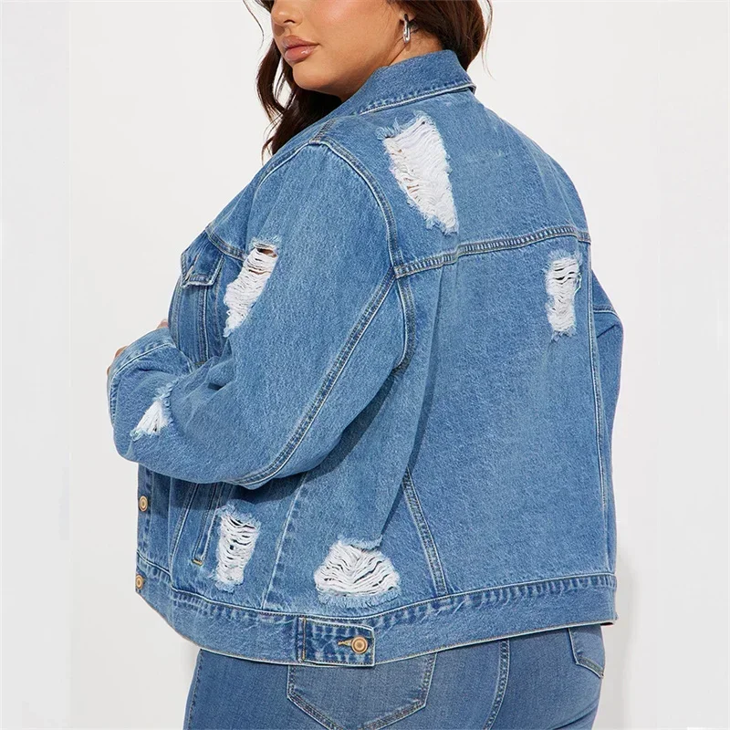 Women Fashion Broken Holes Denim Jacket Casual Vintage Single-breasted Cardigan Coat Autumn Winter Daily Casual Female Outerwear - Image 3