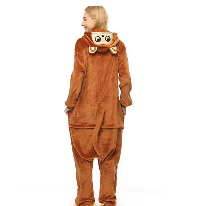 

Brown Monkey Winter Flannel Hooded Adult Cartoon Animal Anime Onesie Kigurumi Pajamas Costume Homewear for Halloween Party