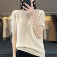 100% Merino wool women's O neck knitted T-shirt Korean pullover short sleeve sweater women's basic solid color half sleeve women - Image 3