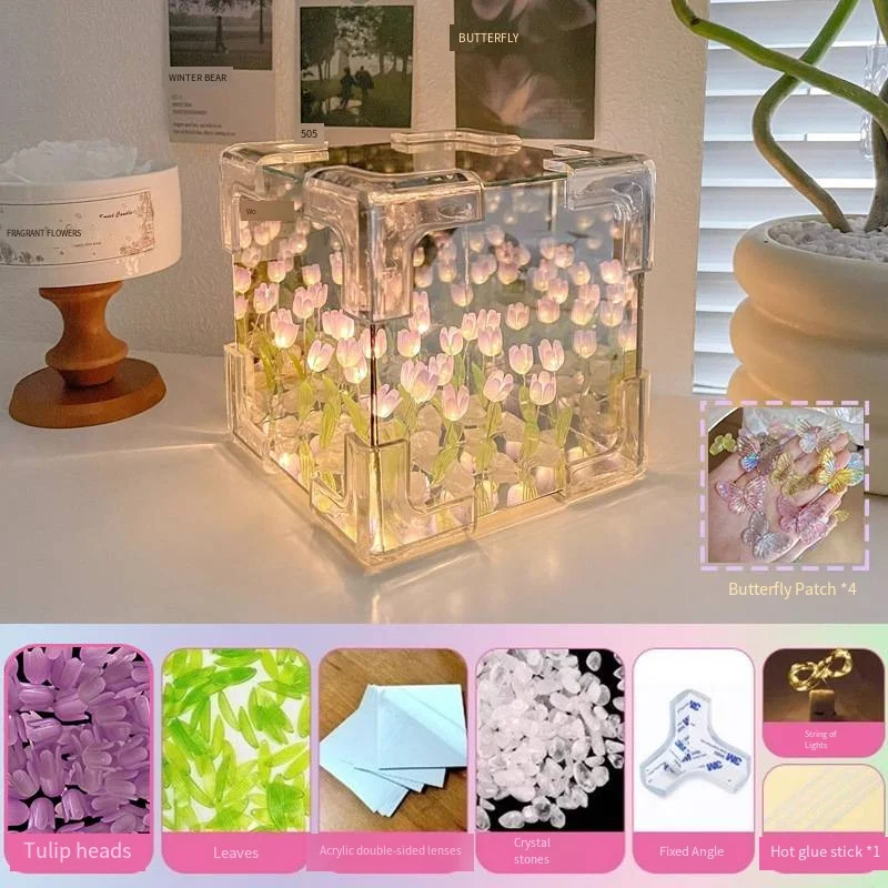크리 에이 티브 루빅 큐브 튤립 나비 밤 빛 DIY 꽃 바다 분위기 빛 아크릴 장식 배터리/USB 조명