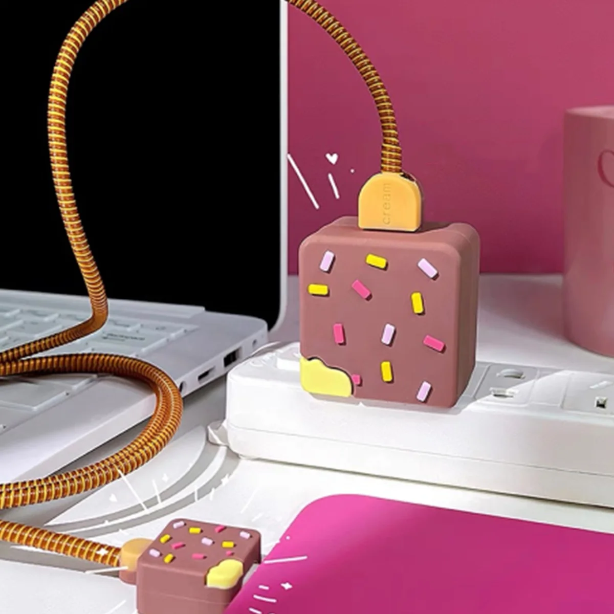 Cable Protector Cover Cute 3D Ice Cream USB Cable Data Line Protector Cover For iPhone 18/20W Fast Charging Case Cartoon Winder Organizer