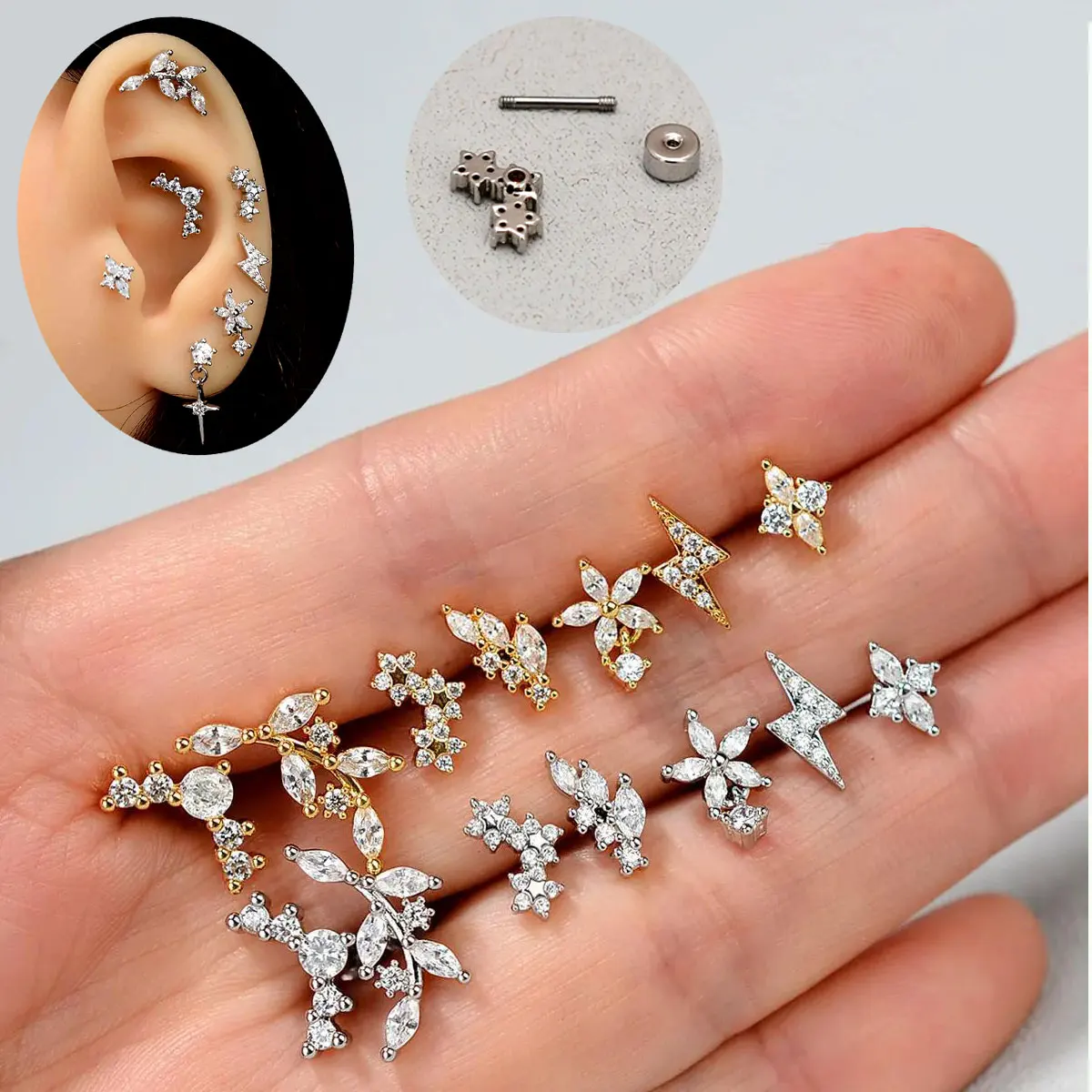 1PC Tragus Helix Piercing Baumeln Ohrring für Frauen Rook Lobe Knorpel Blume Kreuz CZ Stud Ohrring Edelstahl schmuck 20G