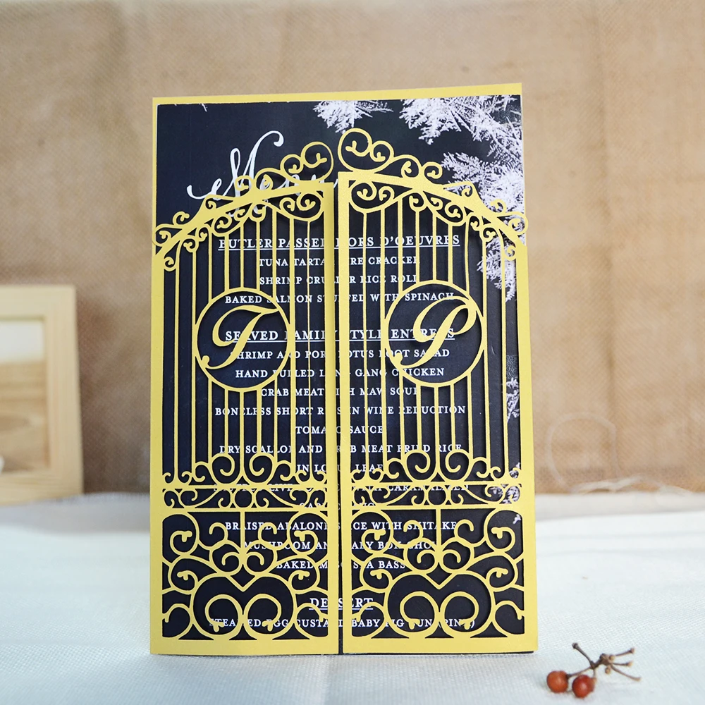 Invitation Card with Free Name , Laser Cut, Wedding Gate, Love Door, Engagement Party, Black, Pink, Gold, 10 Pcs