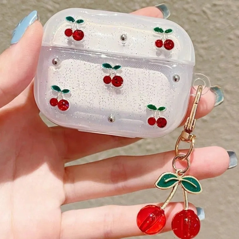 Clear Glitter Earphone Case for AirPods with Cherry Charm
