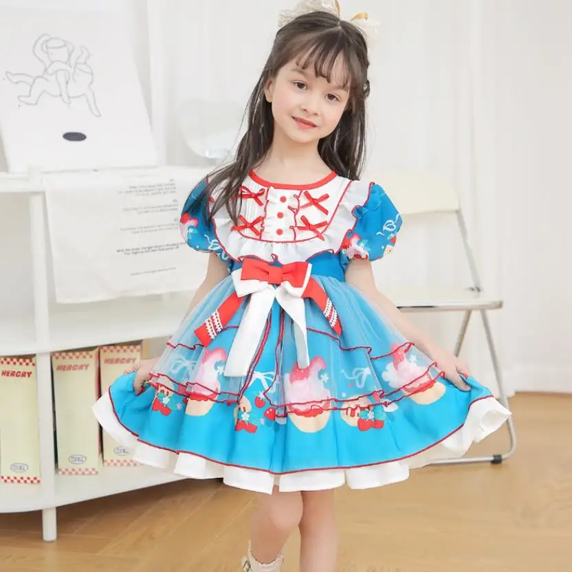 

Spanish Vintage Lolita Princess Ball Gown Bow Print Design Birthday Party Sweet Cute Dresses For Girls Easter Eid A1472