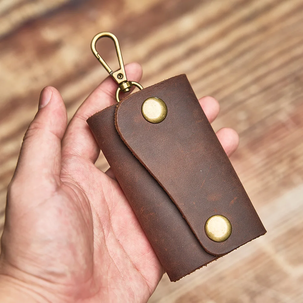 Handmade Crazy Horse Leather Key Bag Men's and Women's Retro Genuine Leather Key Bag Simple Top Layer Cowhide Chain key case key holder key organizer key purse key protector