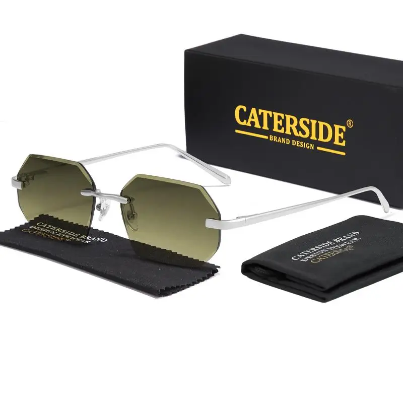 CATERSIDE Männer Rahmenlose Sonnenbrille Polygonale Linsen Metall Tempel Retro Personalisierte Design Brillen Festival Geschenk Gläser UV400 – Detail 9