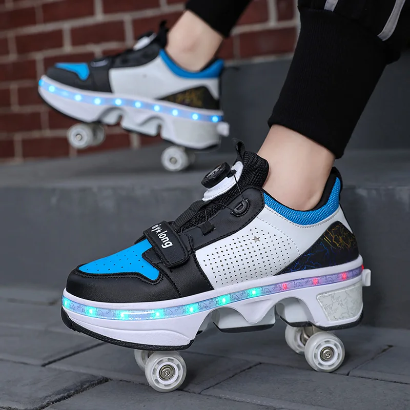 LED Light Deform Wheel Skates Roller Skate Shoes With 4-Wheel  Deformation Parkour Runaway Sneakers Children Adult Rounds Walk