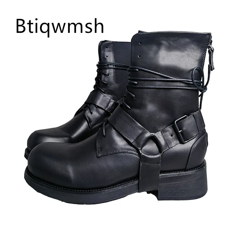 

Black Luxury Boots Man Round Toe Real Cow Leather Med Heels Male Fashion Casual Shoes