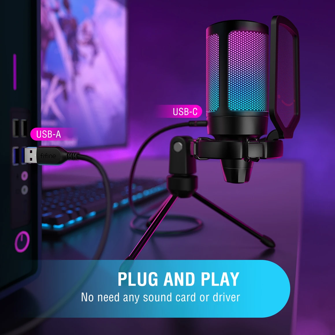 FIFINE Ampligame USB Microphone for Gaming Streaming with Pop Filter Shock Mount&Gain Control