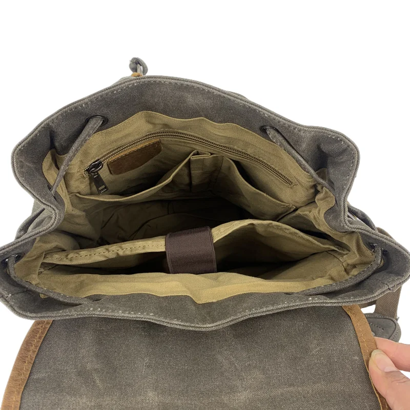 Waxed Canvas Vintage Backpack Men Bag Waterproof Outdoor Travel Flap Pocket Drawstring Large Computer Laptop Bagpack School Bags