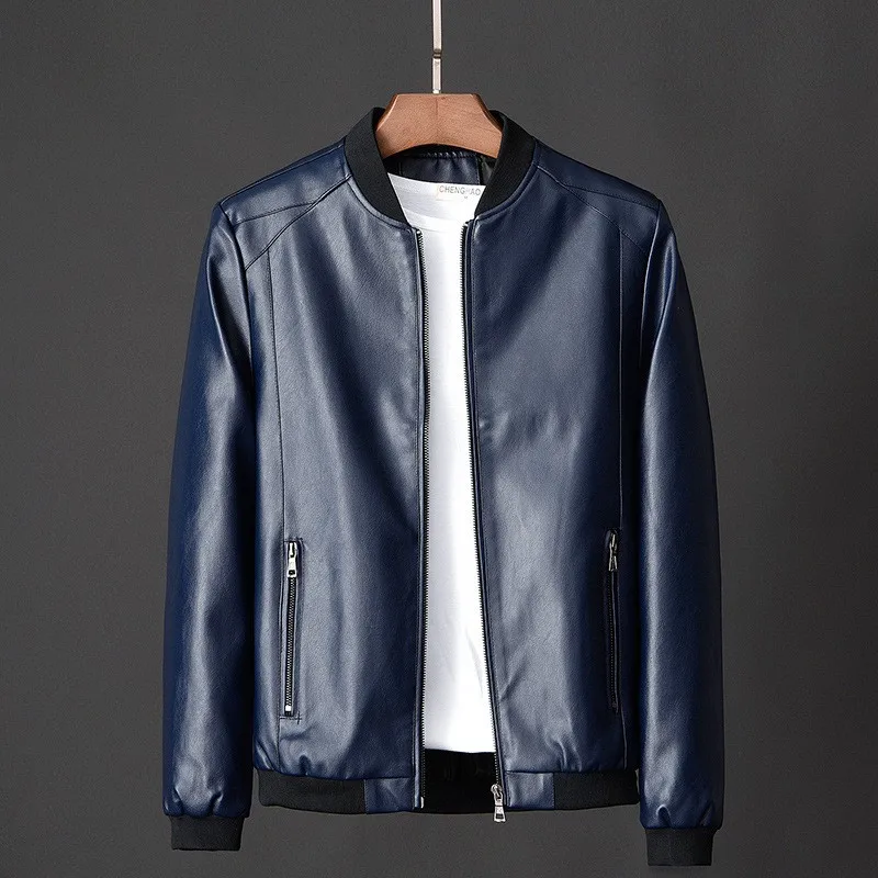 Men standing collar Jacke, leather motorcycle jacket men,bomber leather coat，fashion trend personalized leather winter clothing 2