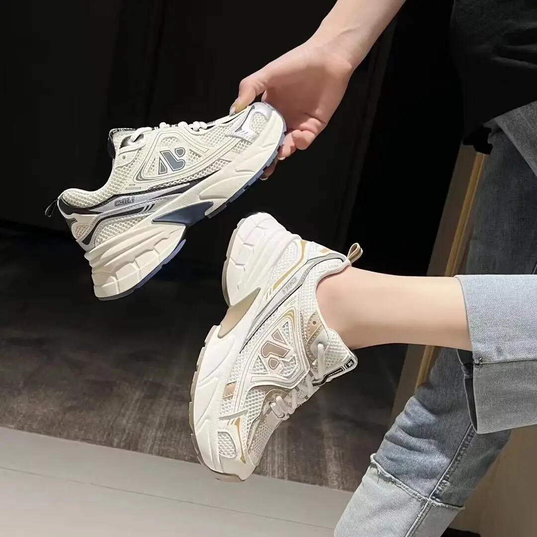 

Flat Platform Women Shoes Fashion Chunky Sneakers Woman Breathable Mesh High Heels Lace Up Round Toe Vulcanize Shoes Plus Size