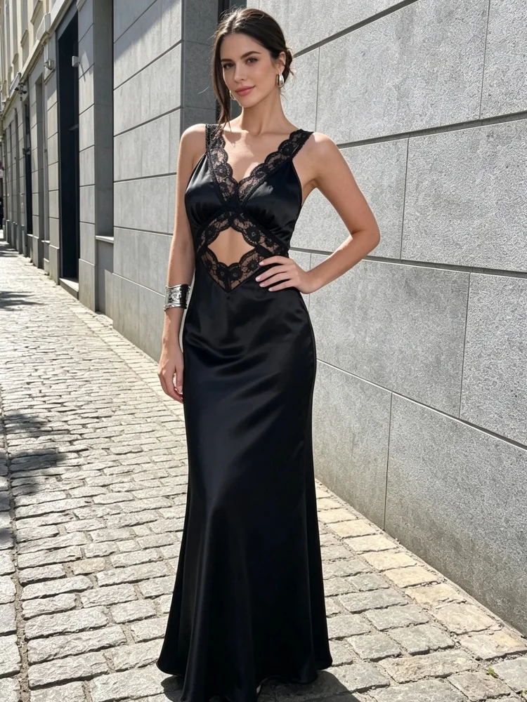 Women Satin Maxi Dress Lace Cutout V Neck Sleeveless Backless Bodycon Long Dress Black Elegant Evening Party Dresses
