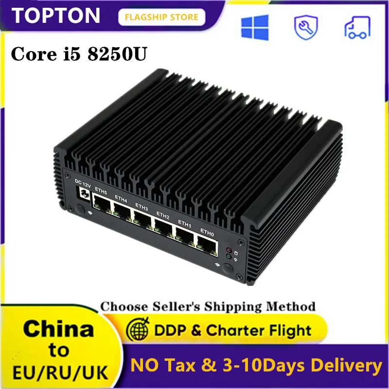 Topton 6LAN безвентиляторный мини-ПК Intel i5 8250U четырехъядерный 6 i211AT Nic AES-NI RJ45 COM pfSense
