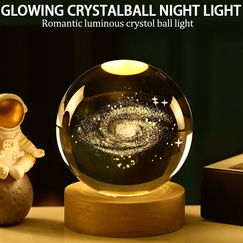 USB Night Light LED Crystal Ball 3D Moon Planet Galaxy Decor for Home Table Lamp Party Toys for Kids Adult Xmas Gifts, night light,led night light,moon light,moon lamp,led night lamp,moon projector light,led atmosphere lights