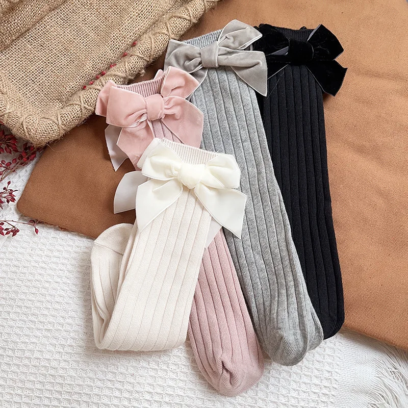 1 Pairs Baby Girls Socks Velvet Bows Knee High Long Soft Cotton Todders Socks Children Princess Spring Autumn Tube Socks 6