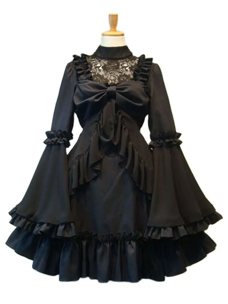Gothic Lolita OP Dress, One Piece Dresses, Long Sleeve, Black, White, Ruffles,