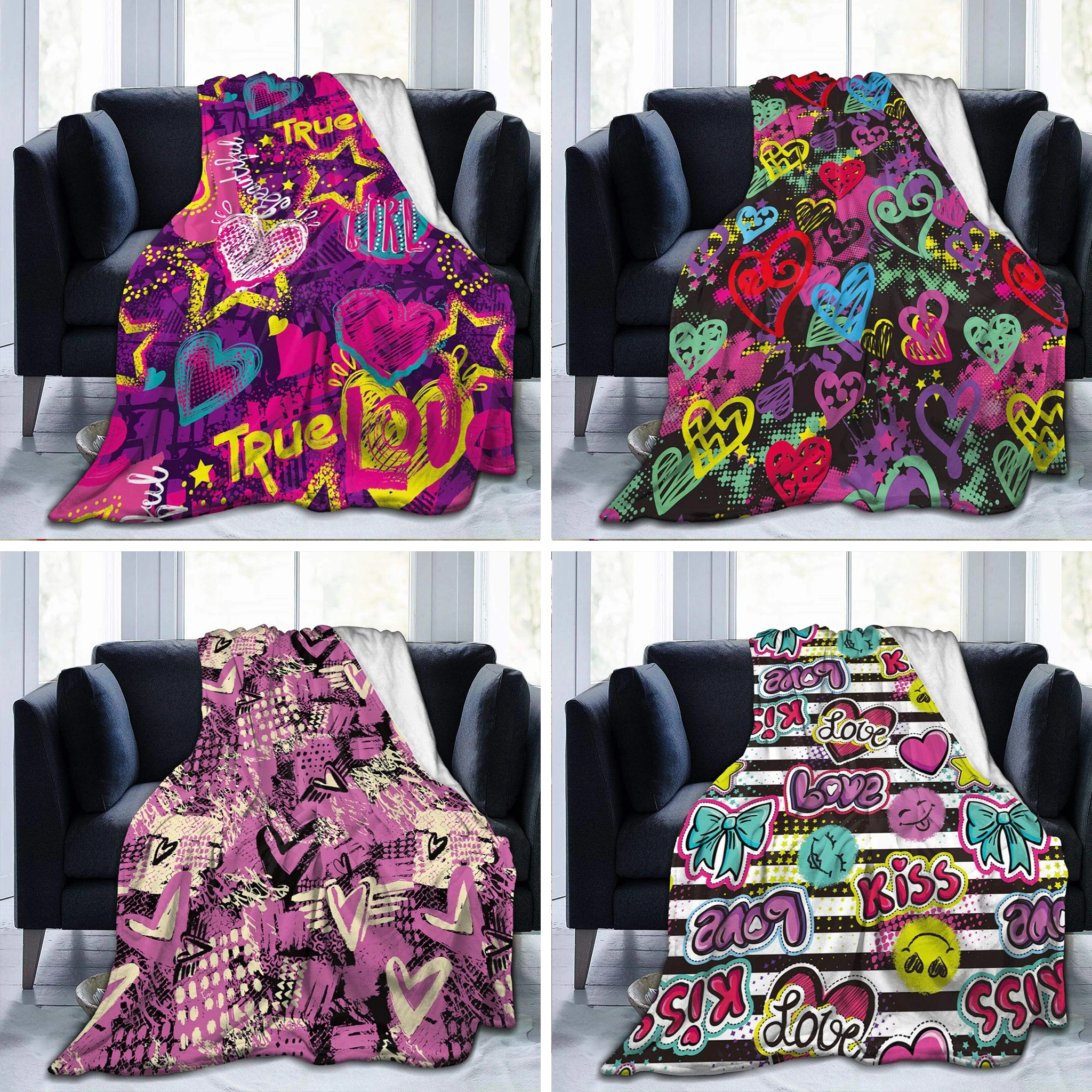 

Personality Graffiti Flannel Throw Blanket Love Heart Purple Art Warm Blanket All Season for Sofa Bed Couch King Queen Full Size
