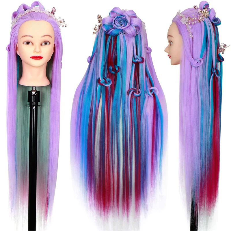 Colourful Synthetic Hair Mannequin Head With Free Clamp Stand And Tools 65cm Hair Styling Training Manikin Cosmetology Doll Head