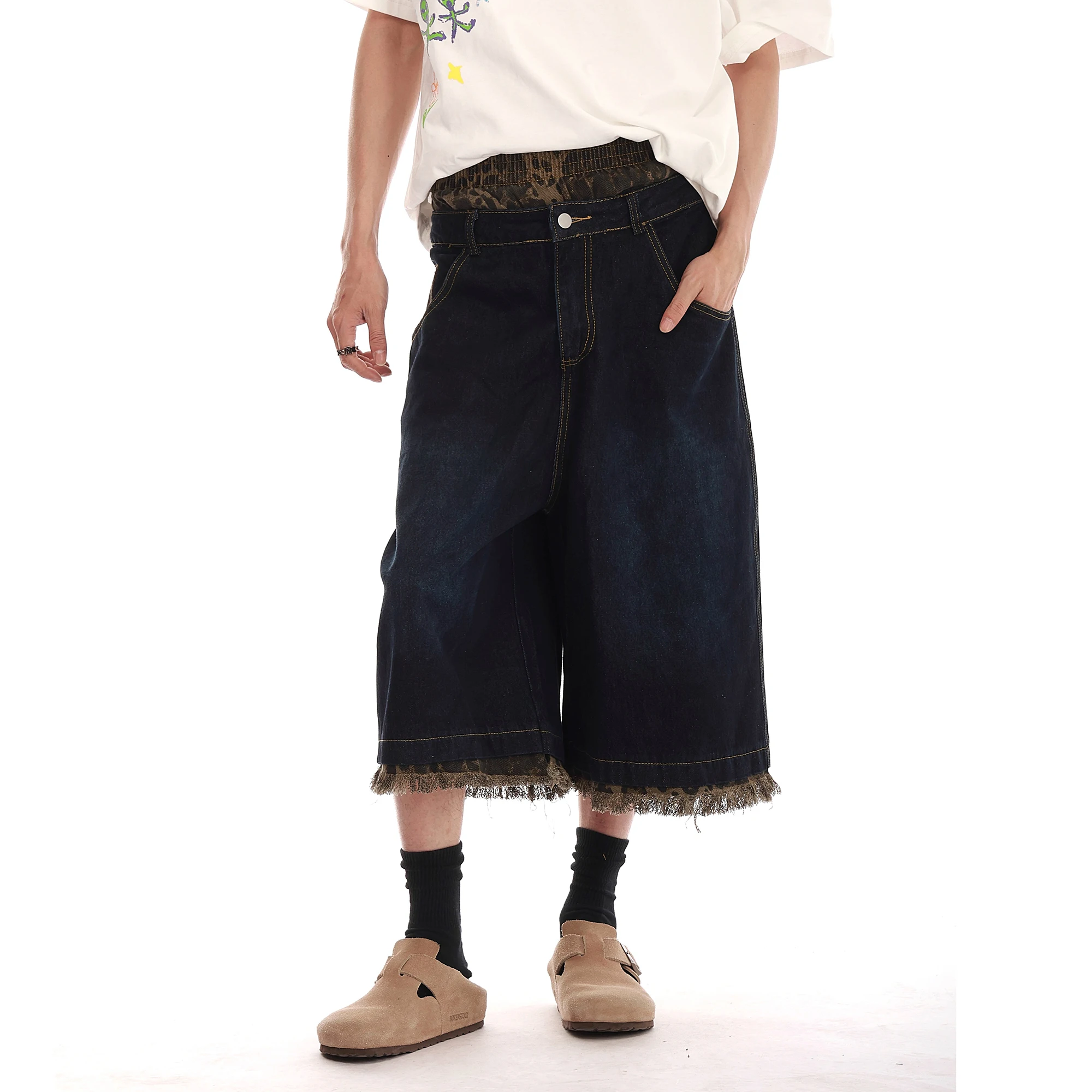 Camouflage Patchwork Capri Pants Oversized Washed Wide Leg Denim Shorts Streetwear Fashion Leopard Raw Edges Baggy Jeans Y2k