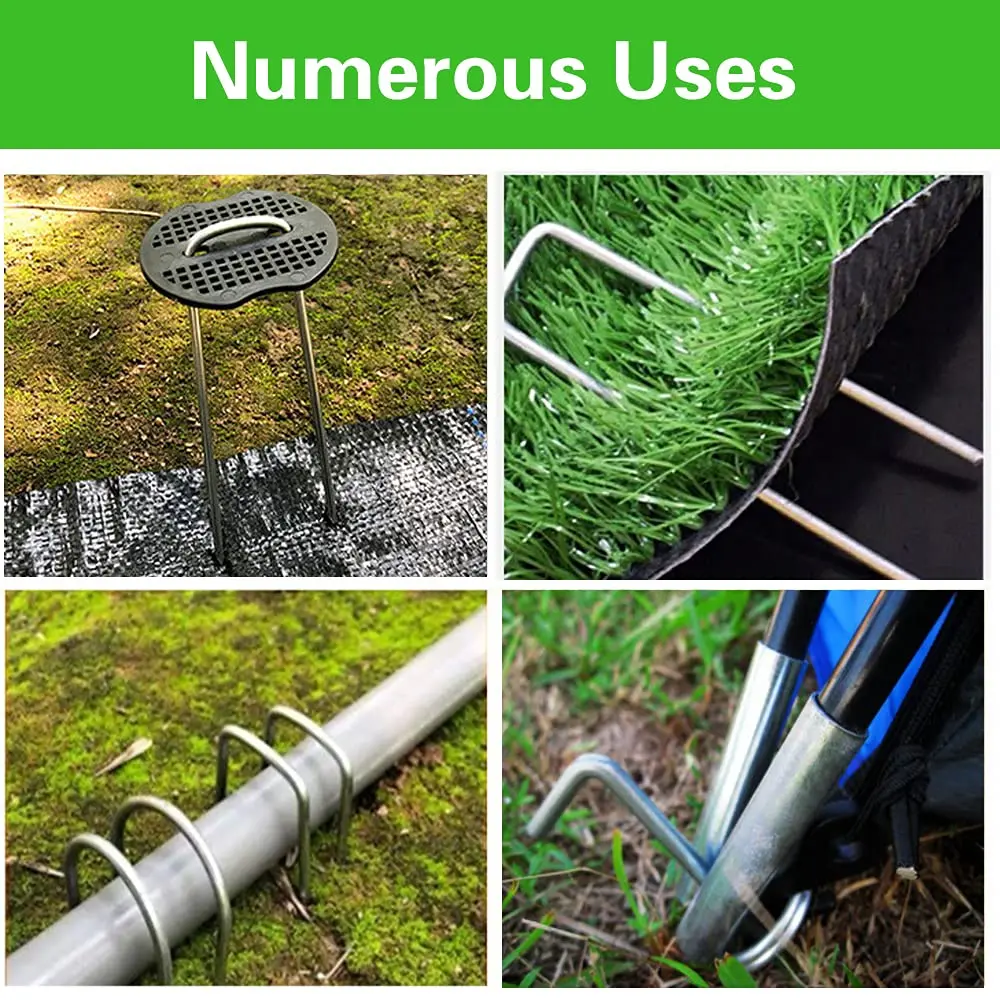50Pcs Garden Stakes Staples + 50Pcs Gaskets, 4 And 6 Inch Lawn Landscape Staples 11 Gauge U Shaped Galvanized Landscape Pins 3