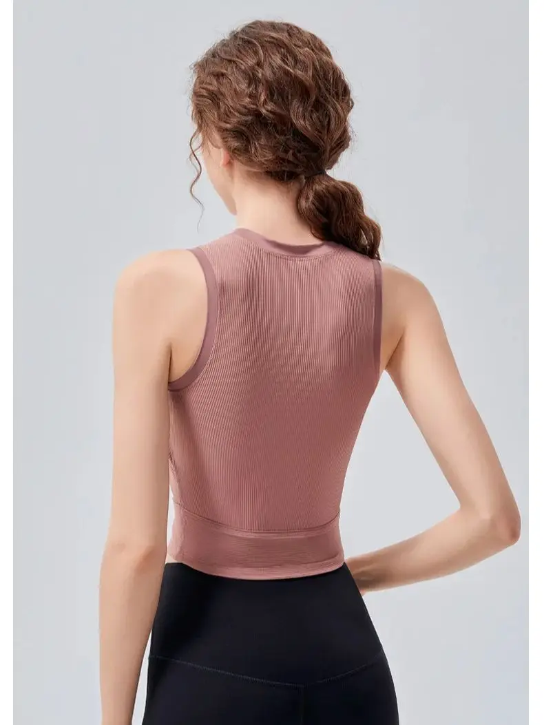 Ribbed Sports Tank Top Women Summer Sleeveless With Chest Pad Running Fitness Stretchy Tight Outer Wear Yoga Underwear Gym