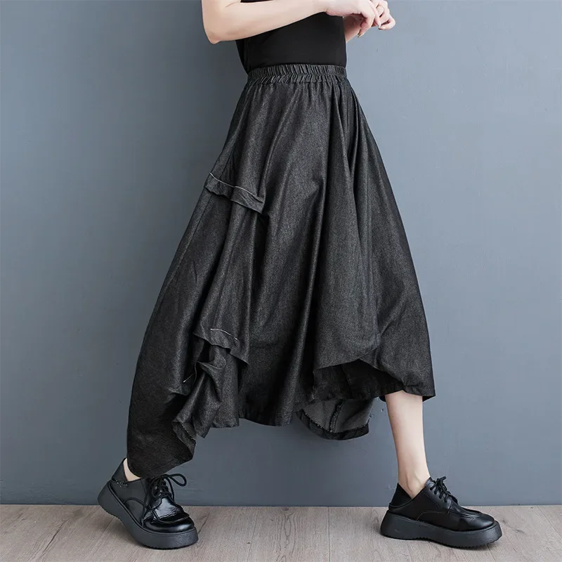 Summer New Loose Wide Leg Jeans Skirt Women's Special Wide Asymmetrical Skirt Tencel Material Comfortable Fit Chinese Style Pant