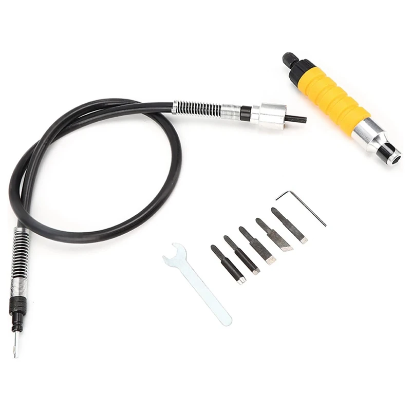 Hot SV-Electric Woodworking Carving Chisel Set With Yellow Handle For Effortless Wood Carving, Flexible Shaft, 5 Blades,