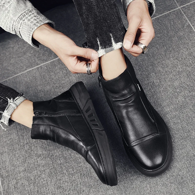 Leather Boots Man Full Black Men's Snow Boot Casual Ankle Mans Shoes Easy To Clean Trendy All-match Lightweight Mans Winter Shoe Outdoor Boots Men Leather Boots