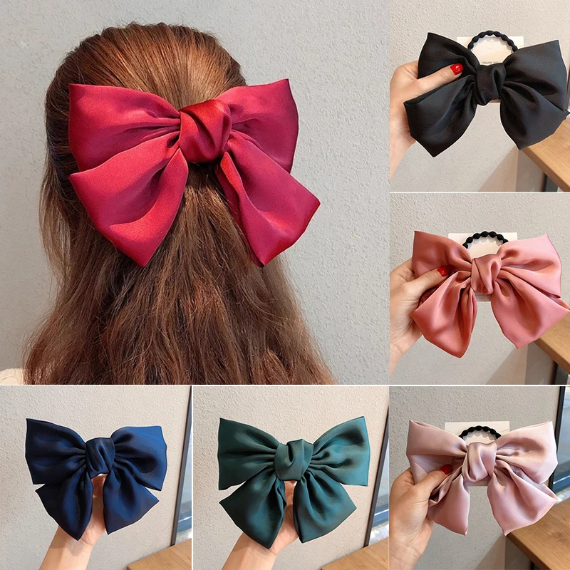 Large Silk Bows Elastic Hair Bands Ties big Solid Rubber Bands Scrunchies Hair Clips for Women Girls Barrettes Hair Accessories