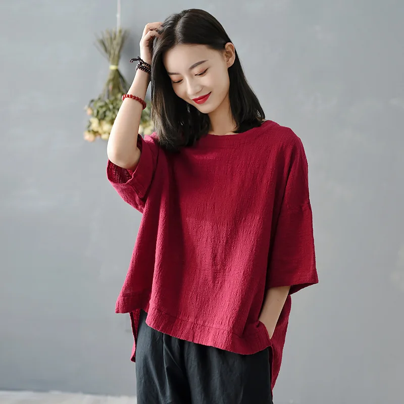 

Women's Vintage Cotton Linen Shirt Solid Irregular 2023 New Summer O-Neck Short Sleeve Irregular Women's T-shirt Versatile