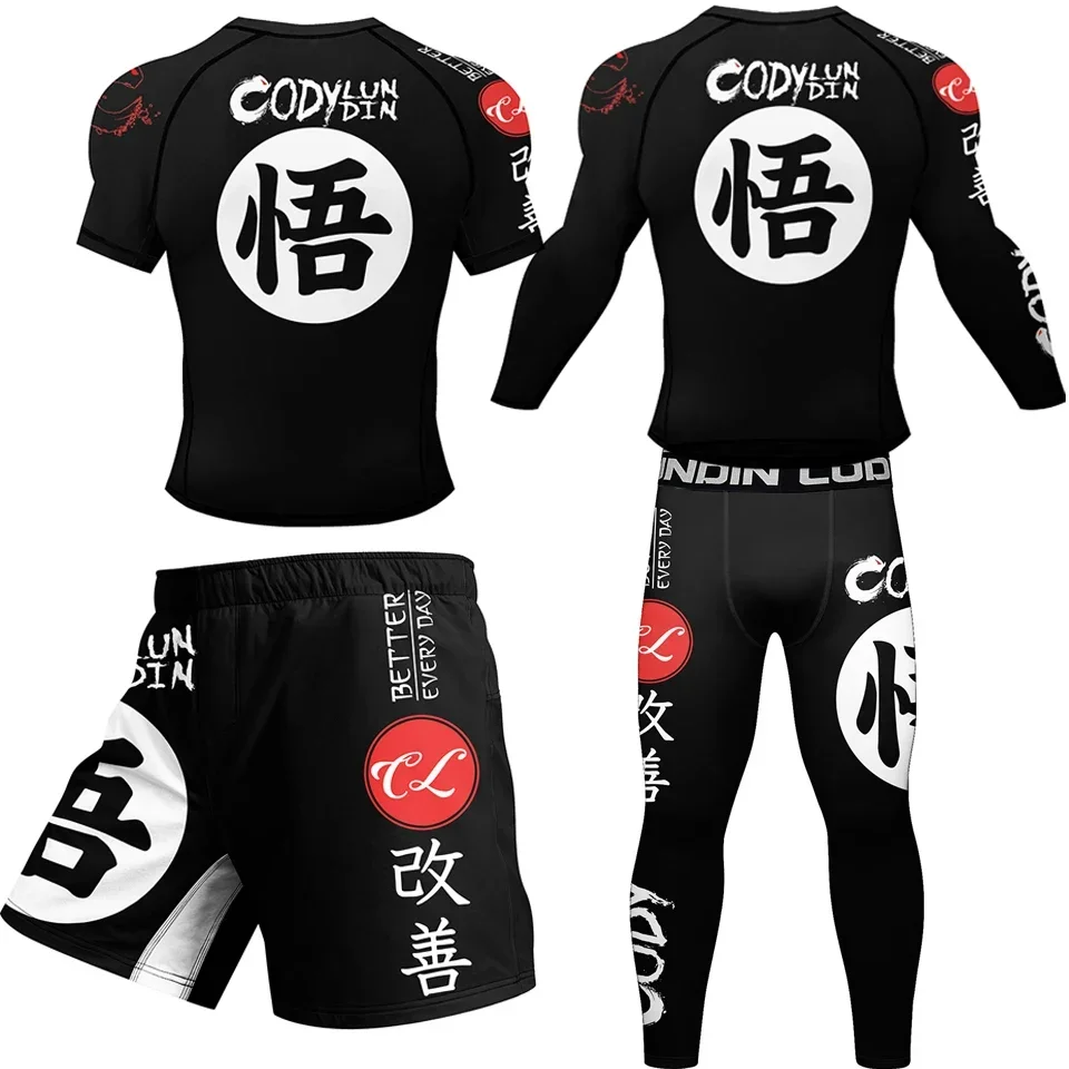 MMA Jiu Jitsu T-shirt+Pant 4pcs/sets Rashguard Men Bjj Gi Brazilian Grappling Muay Thai Shorts Compression Clothing Sportswear