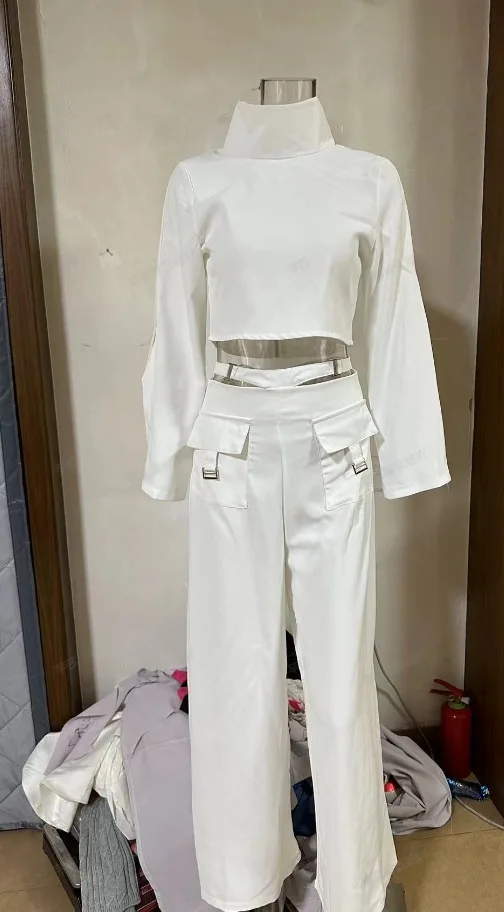 High Necked Solid Color Navel Exposed Sweet Spicy Style Loose Wide Leg Pants Set for Women 2024 Spring Summer Simple Pants Set