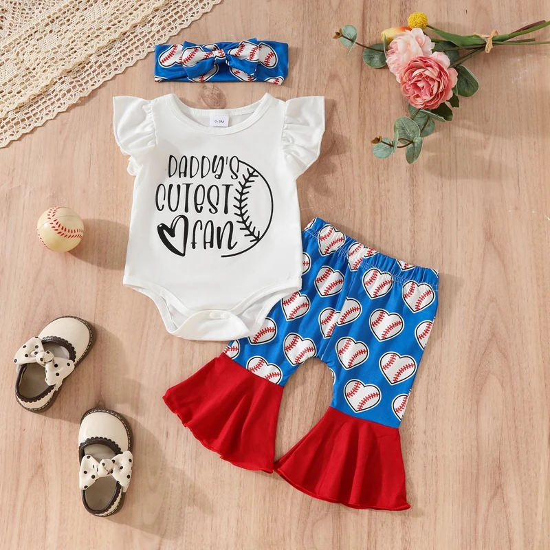 2024-03-19 Lioraitiin Infant Baby Girl Outfit Letter Flying Sleeve Romper with Baseball Pattern Flare Pants Headband 3Pcs Outfit