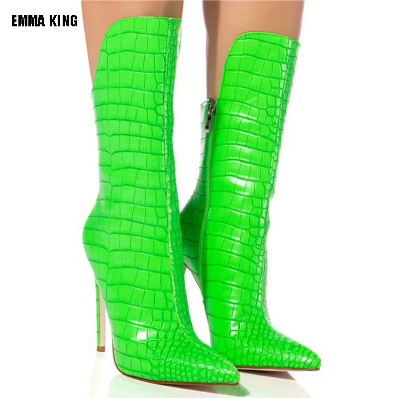 

2023 Fashion Women Shoes Spring Autumn Pointed Toe Stiletto Heels 10/12cm Cow Print Leather Mid calf Boots High Heels 44