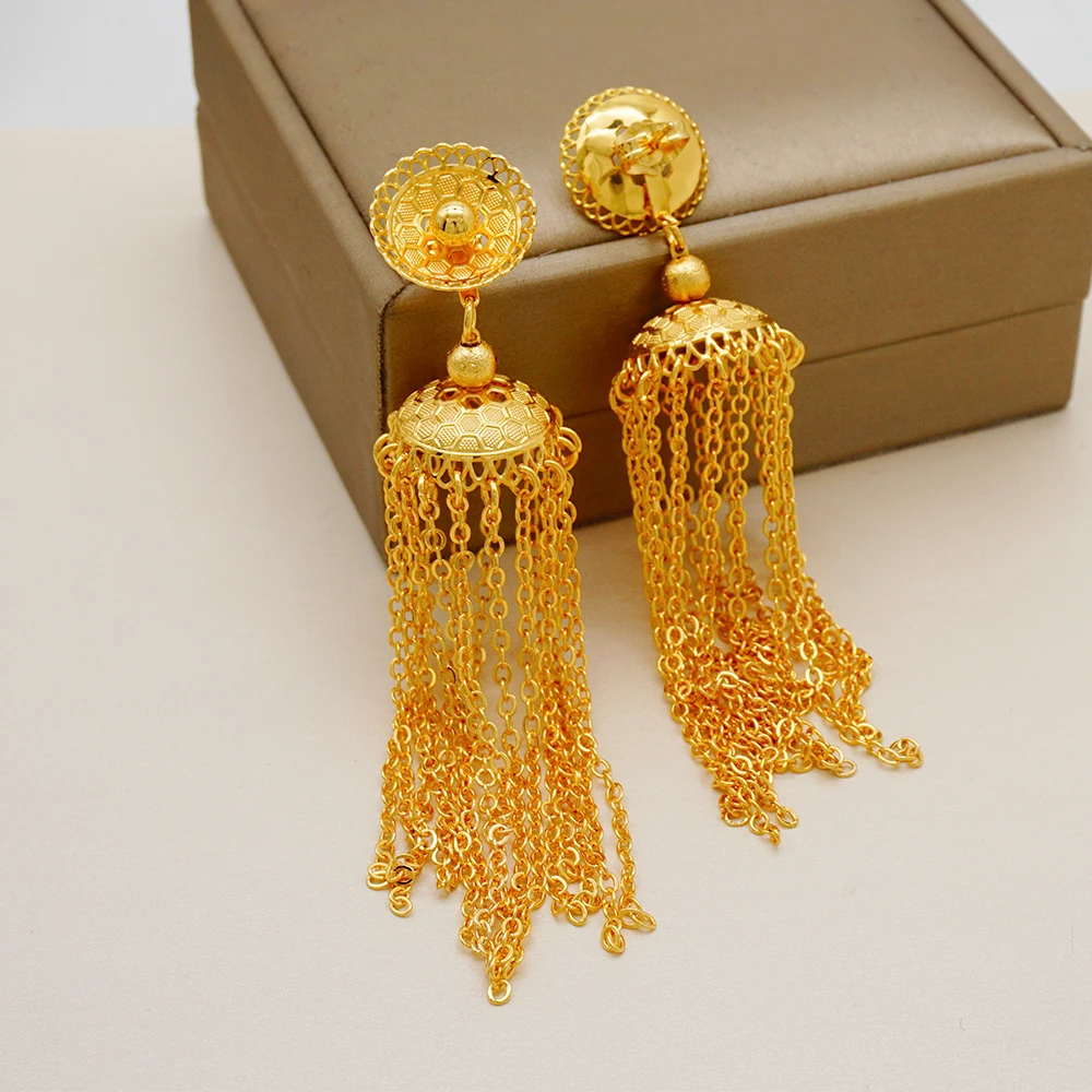 Fashion Gold Color Ethiopian Jewelry Set Long Tassel Pendant Earrings Wedding Arab African Bride Necklace Set