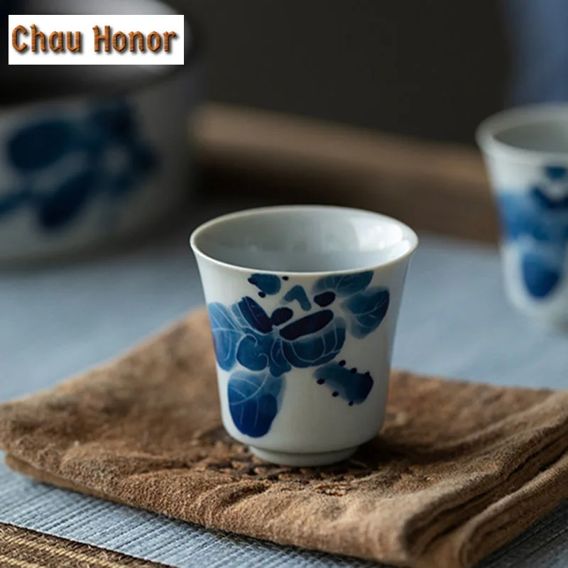 2pc/Set 50ml Hand-painted Persimmon Art Ceramic Sample Tea Cup White Porcelain Tea Cups Personal Master Cup Kung Fu Tea Ceremony