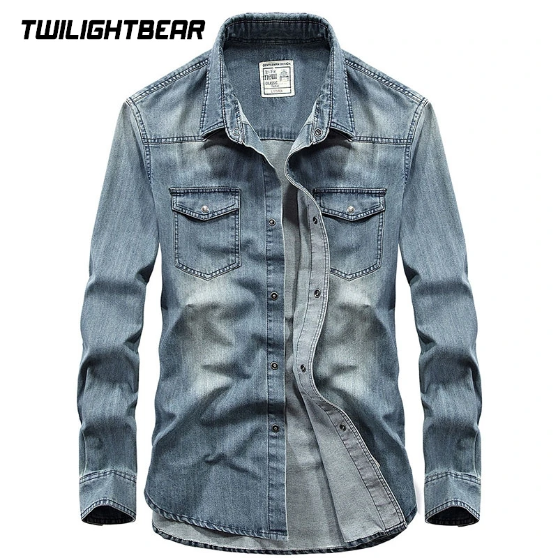 Men's Denim Shirt Long Sleeve Oversized Pure Cotton Overshirt Solid Casual Shirts Men Clothing 4XL A2F6522 denim shirt long sleeved shirt