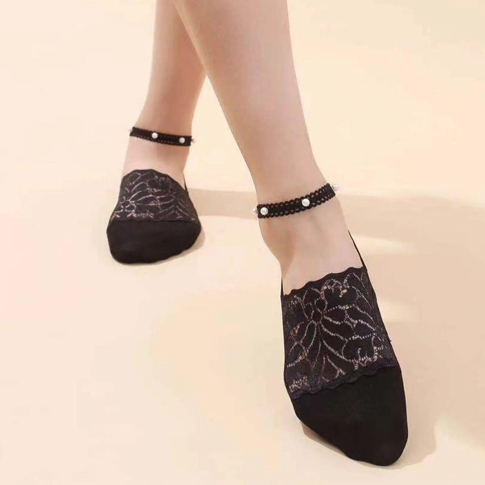 

1 Pairs Women's Pearl Lace Socks Breathable Invisible Socks Ballerina Socks Non Slip Sock Slippers comfy Transparent Low Socks