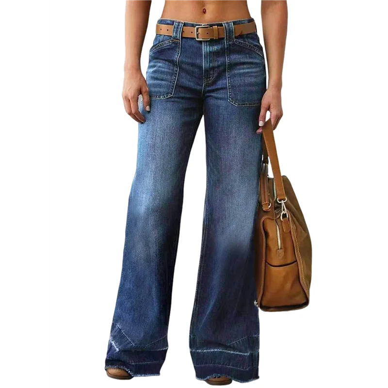 넓은 일자핏 미드라이즈 배기 포켓 데님 청바지 (벨트 없음)