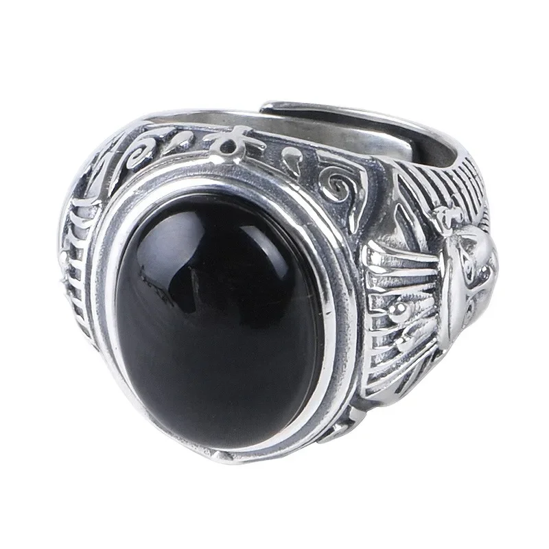

2021 New Pure S925 Silver Trendy Tutankhamun Jewelry Vintage Egyptian Pharaoh Adjustable Agate Man Ring