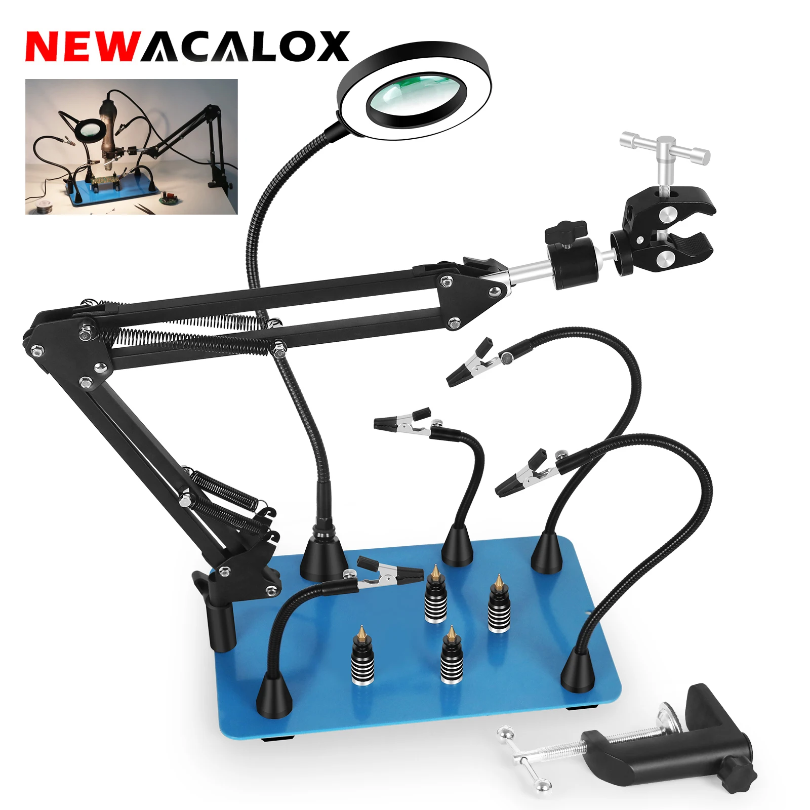 NEWACALOX Magnetic Soldering Third Hand Helping Hands Hot Air Gun Stand Welding PCB Holder with USB 3X/5X LED Magnifier Lamp newacalox 360° adjustable pcb holder with 2pcs magnetic flexible soldering third hand welding repair helping hands station