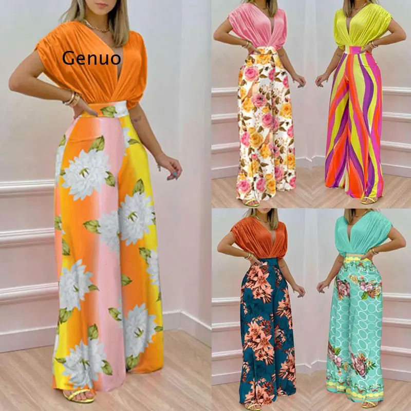 

European and American Women's Spring and Summer New Printed Dolman Sleeve Tops Wide-Leg Pants Two-Piece Set Women's Suit
