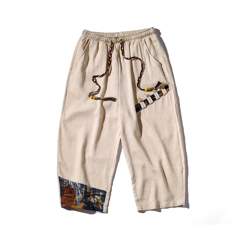 

Новые шорты в китайском стиле, мужские тонкие повседневные брюки, хлопковые и льняные свободные облегающие Лоскутные укороченные брюки Hanfu, широкие брюки