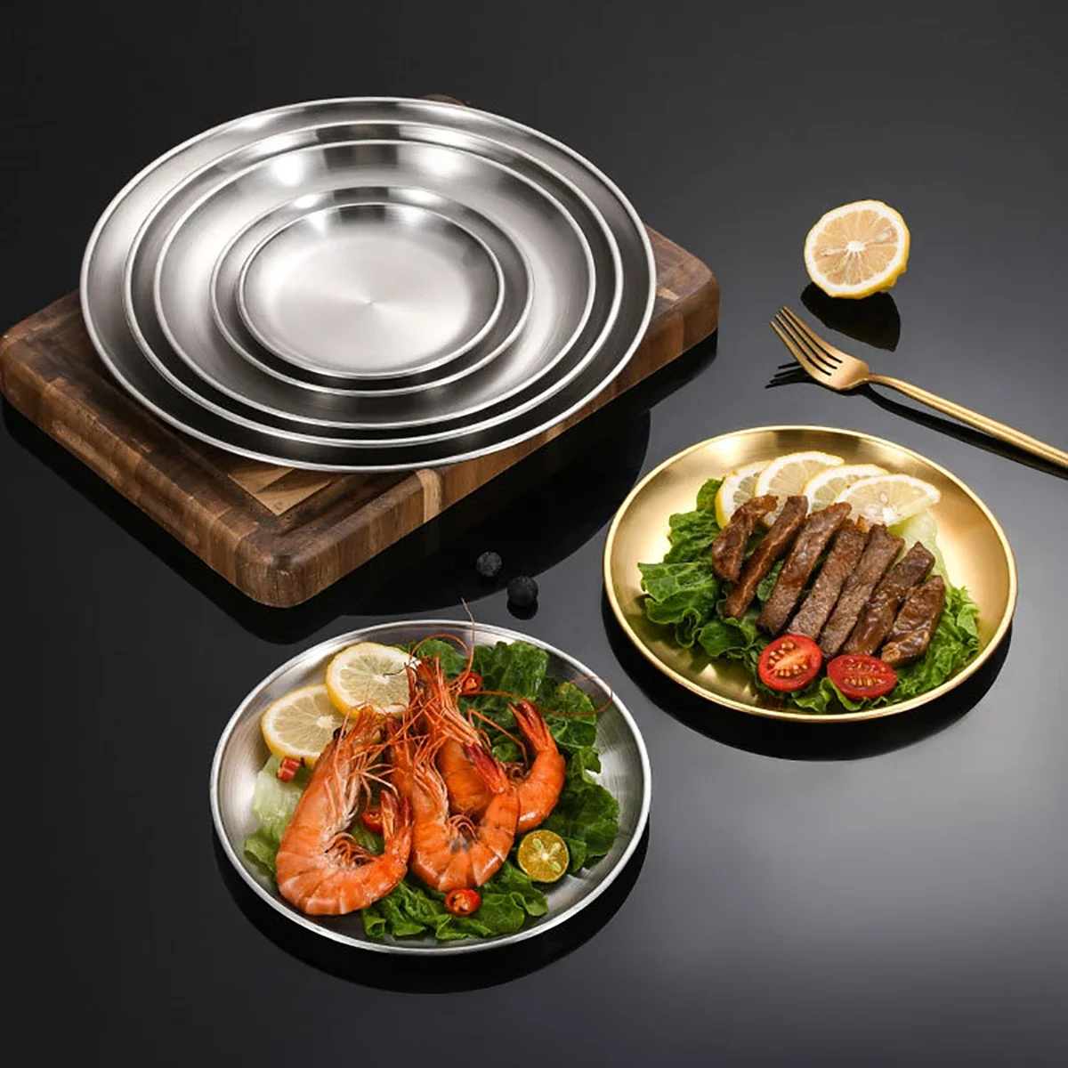 8Pcs Stainless Steel Bone Spitting Dish Korean Style Gold Shallow Tray Fork Metal Dining Disc Round Plate Dessert Tableware