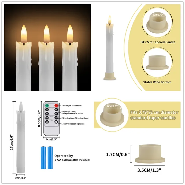 Cône d'ivoire scintillant sans flamme avec télécommande, LED, bougie mèche 3D, fonctionnement à piles, décor de Noël et de mariage, ci-après les, 12 pièces, 24 pièces 2